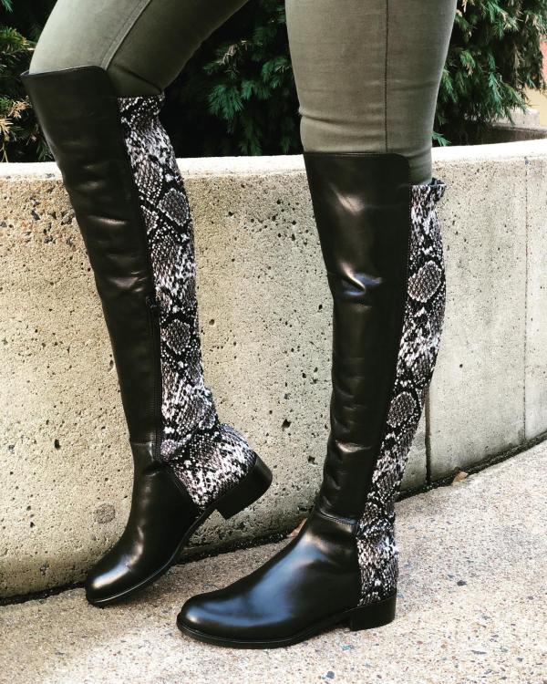The Moengo Black Leather Leopard Knee High Boot