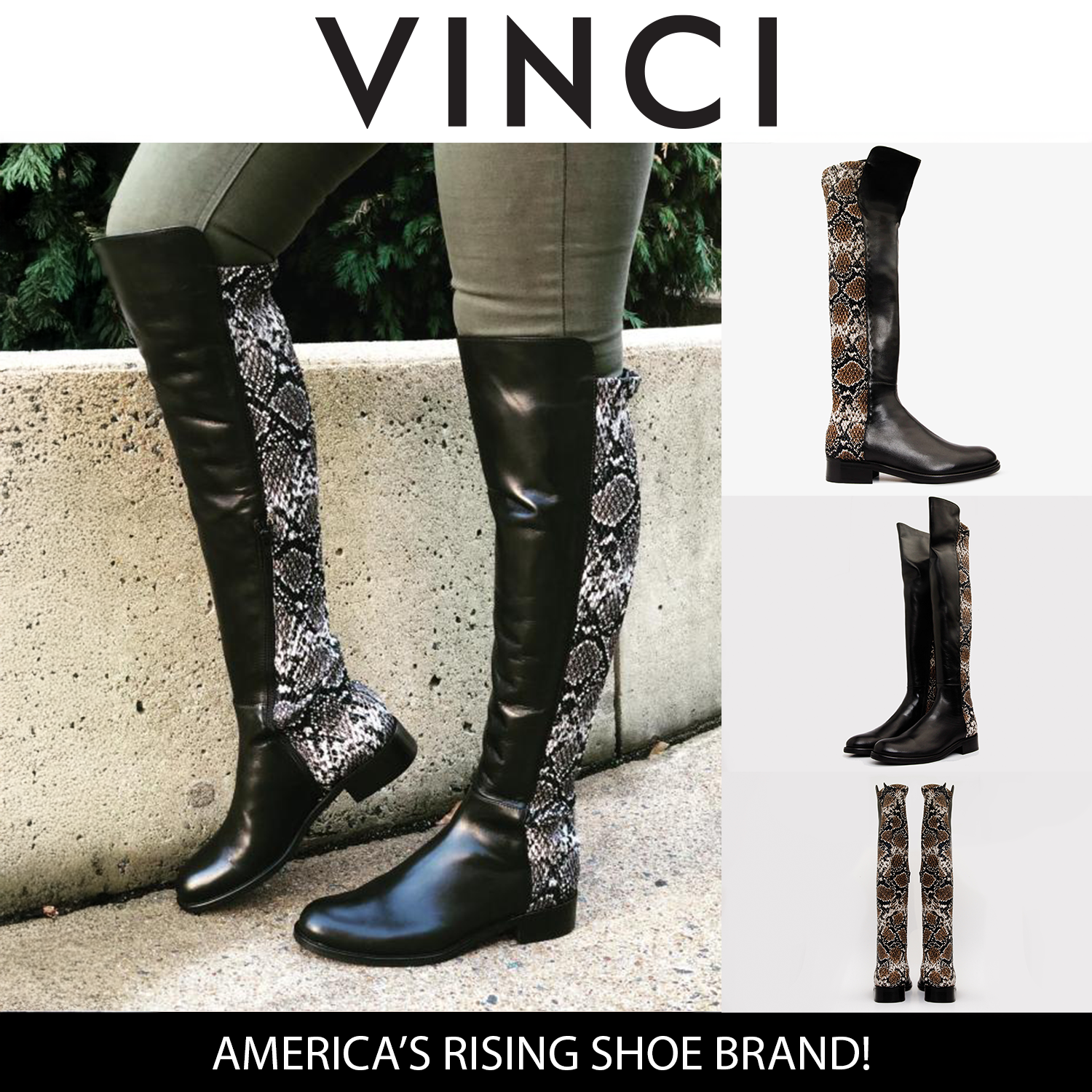 The Moengo Black Leather Leopard Knee High Boot