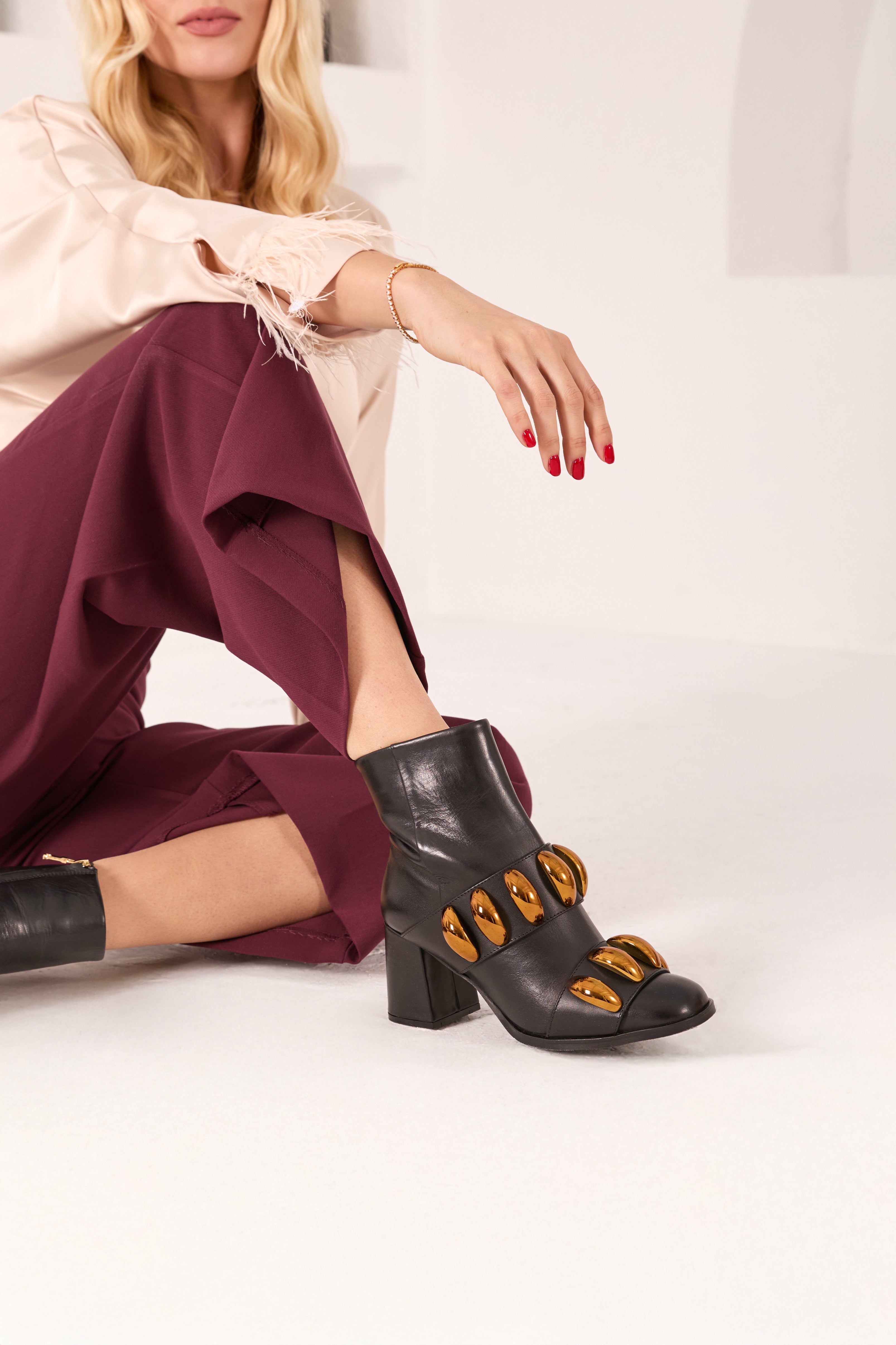 The Eclipse Black Gold Leather Block Heel Boot