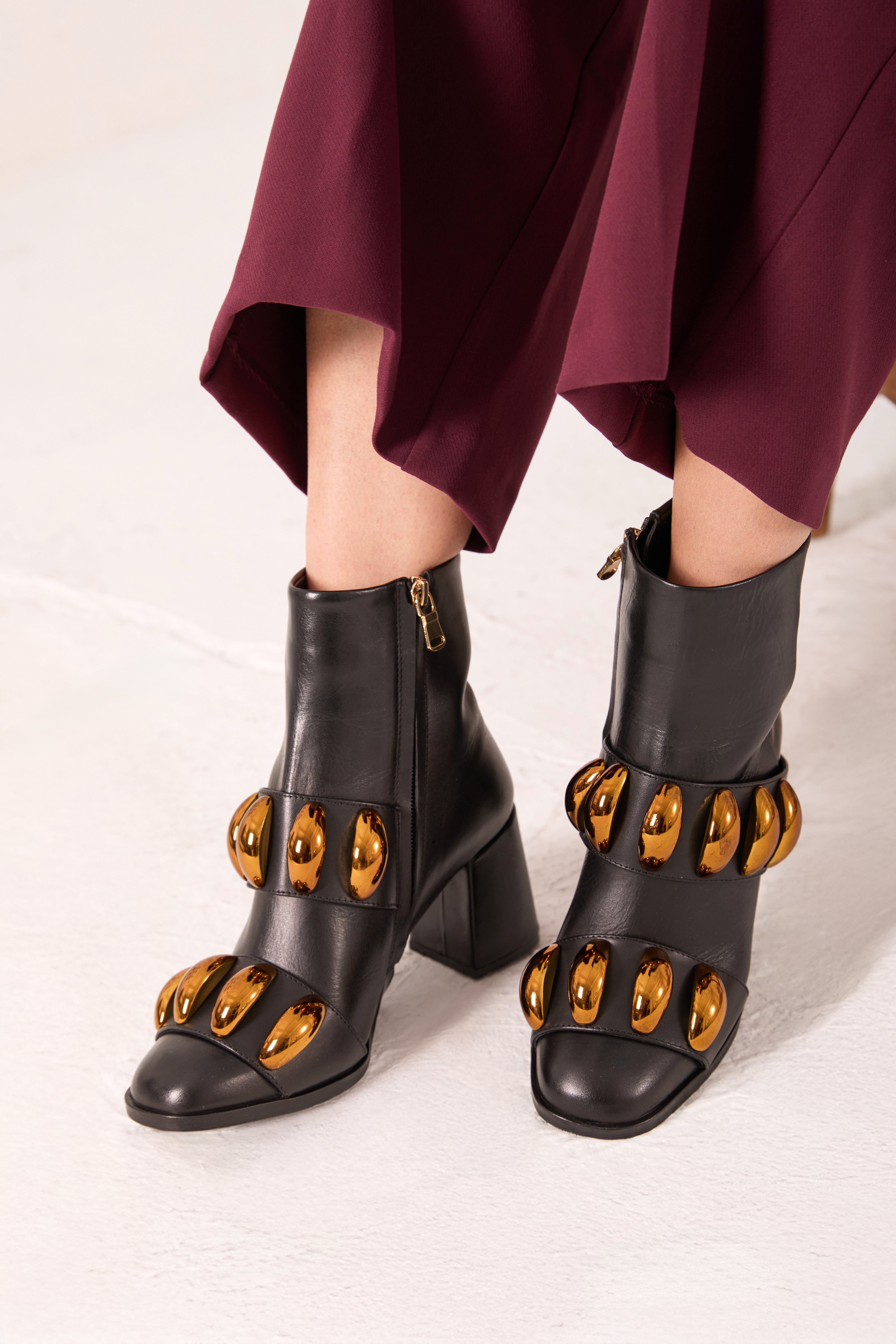 The Eclipse Black Gold Leather Block Heel Boot