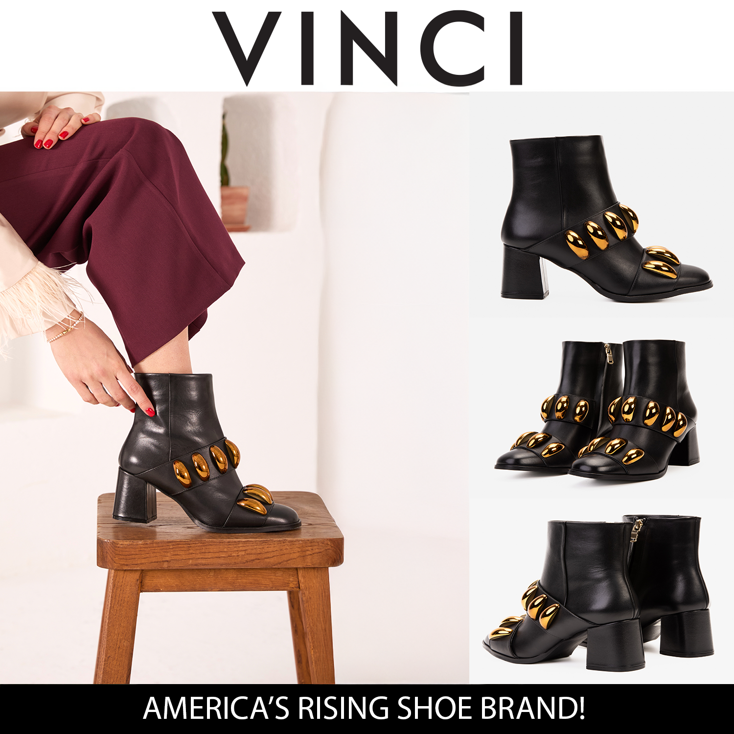 The Eclipse Black Gold Leather Block Heel Boot