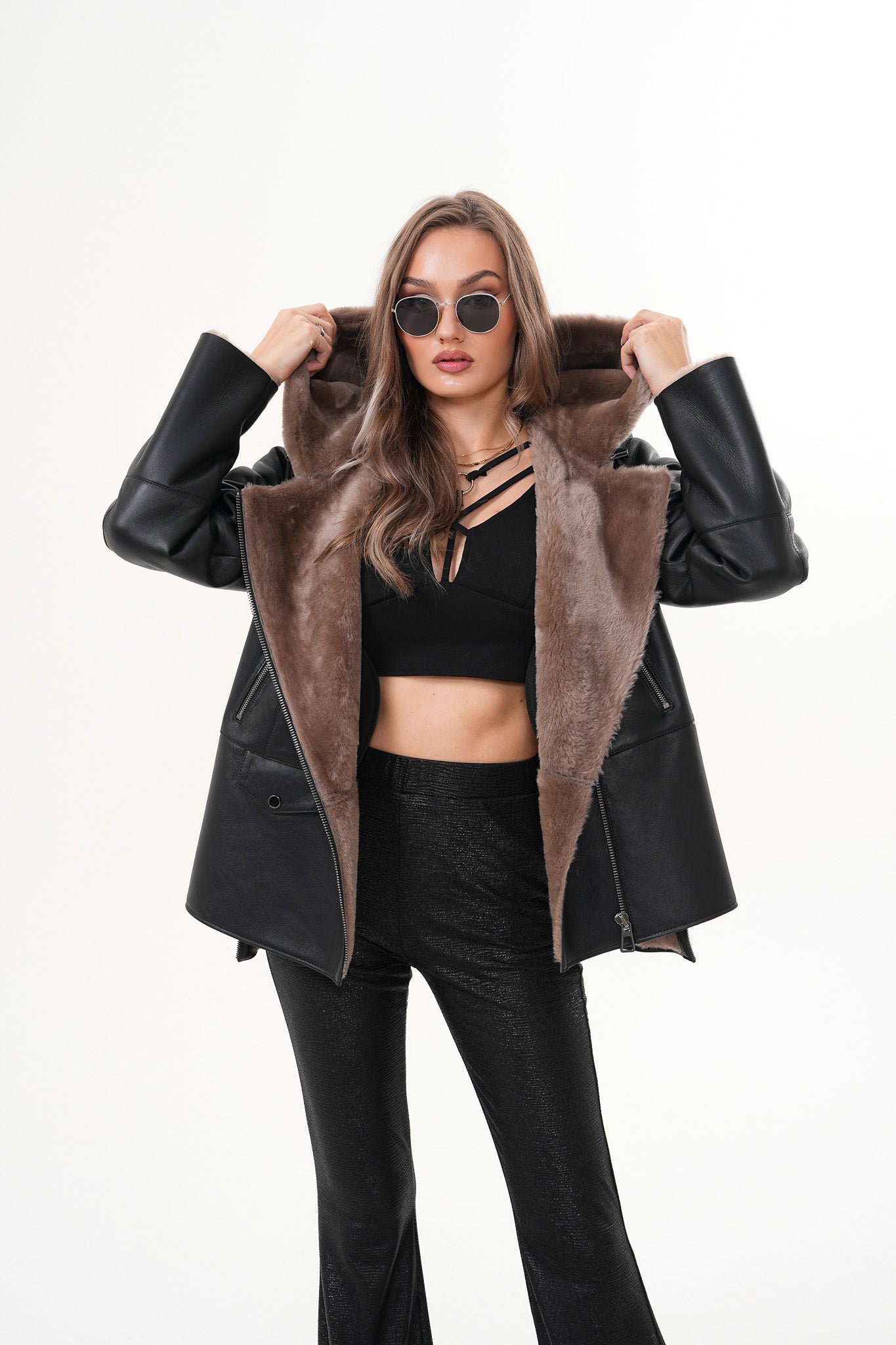 The Duchess Shearling Brown Leather Hooded Jacket