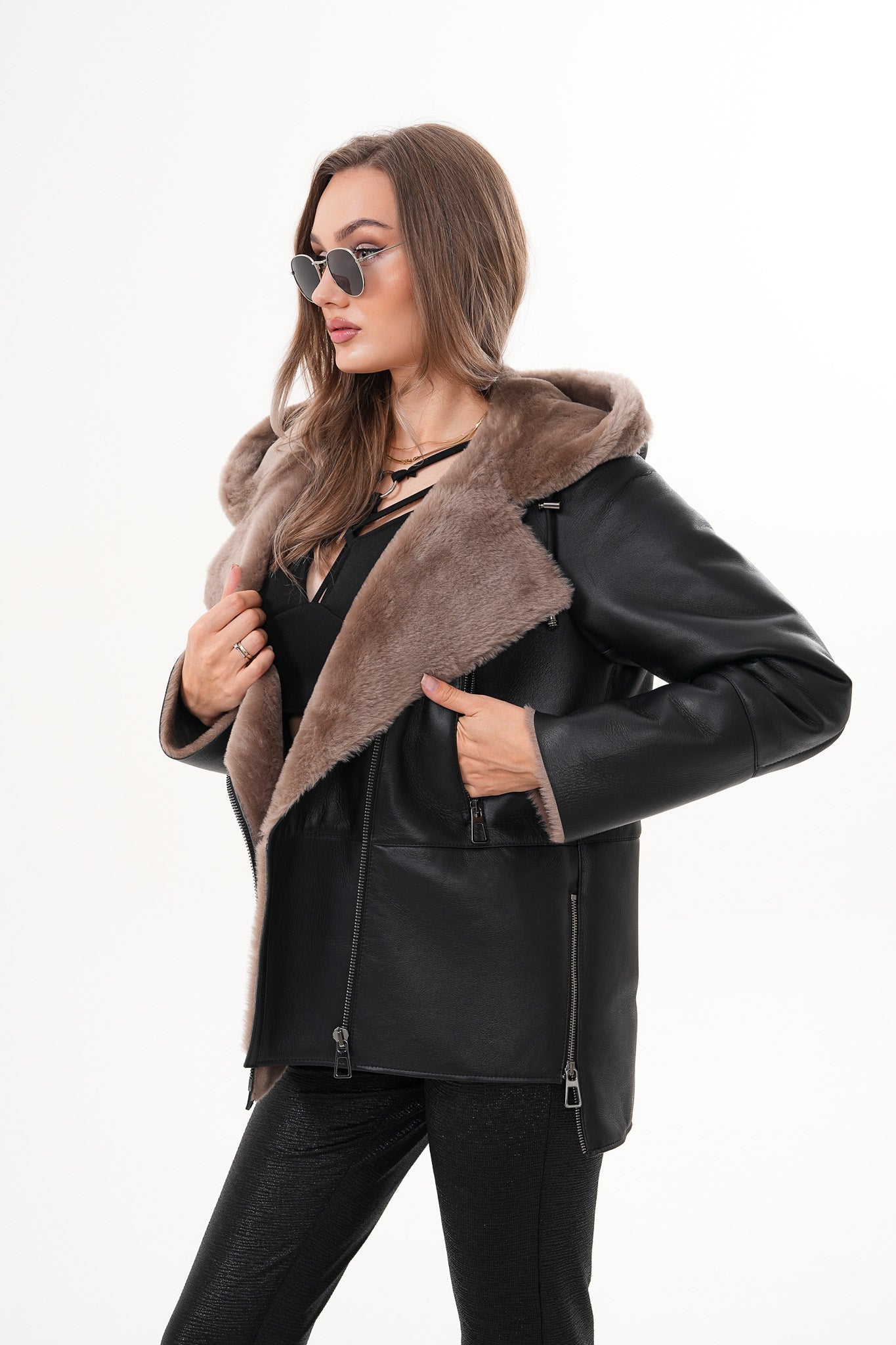The Duchess Shearling Brown Leather Hooded Jacket