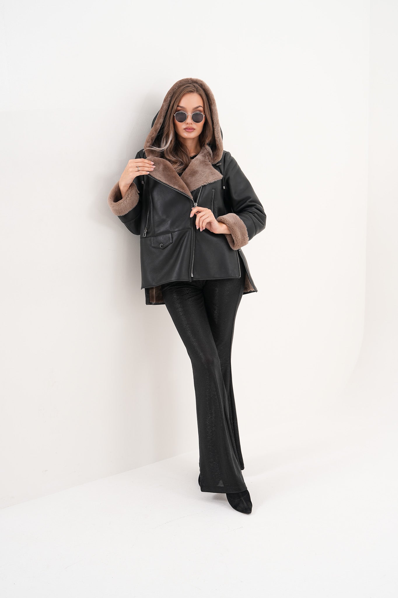 The Duchess Shearling Brown Leather Hooded Jacket