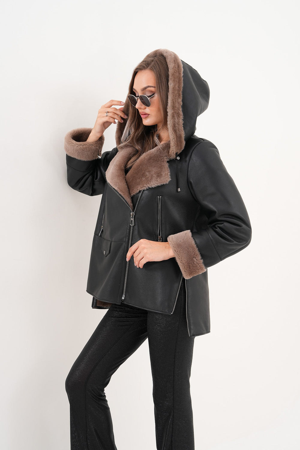 The Duchess Shearling Brown Leather Hooded Jacket