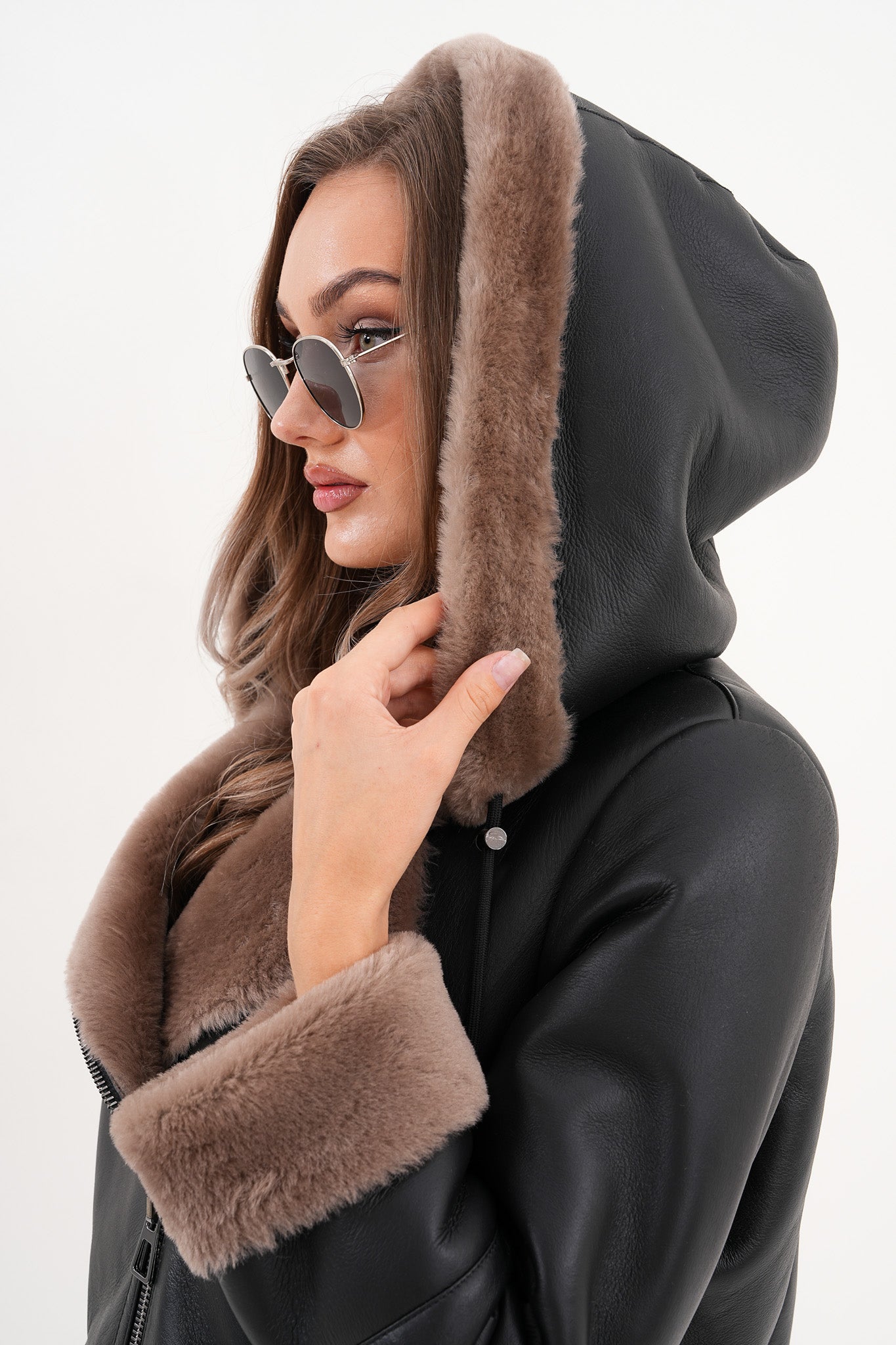 The Duchess Shearling Brown Leather Hooded Jacket