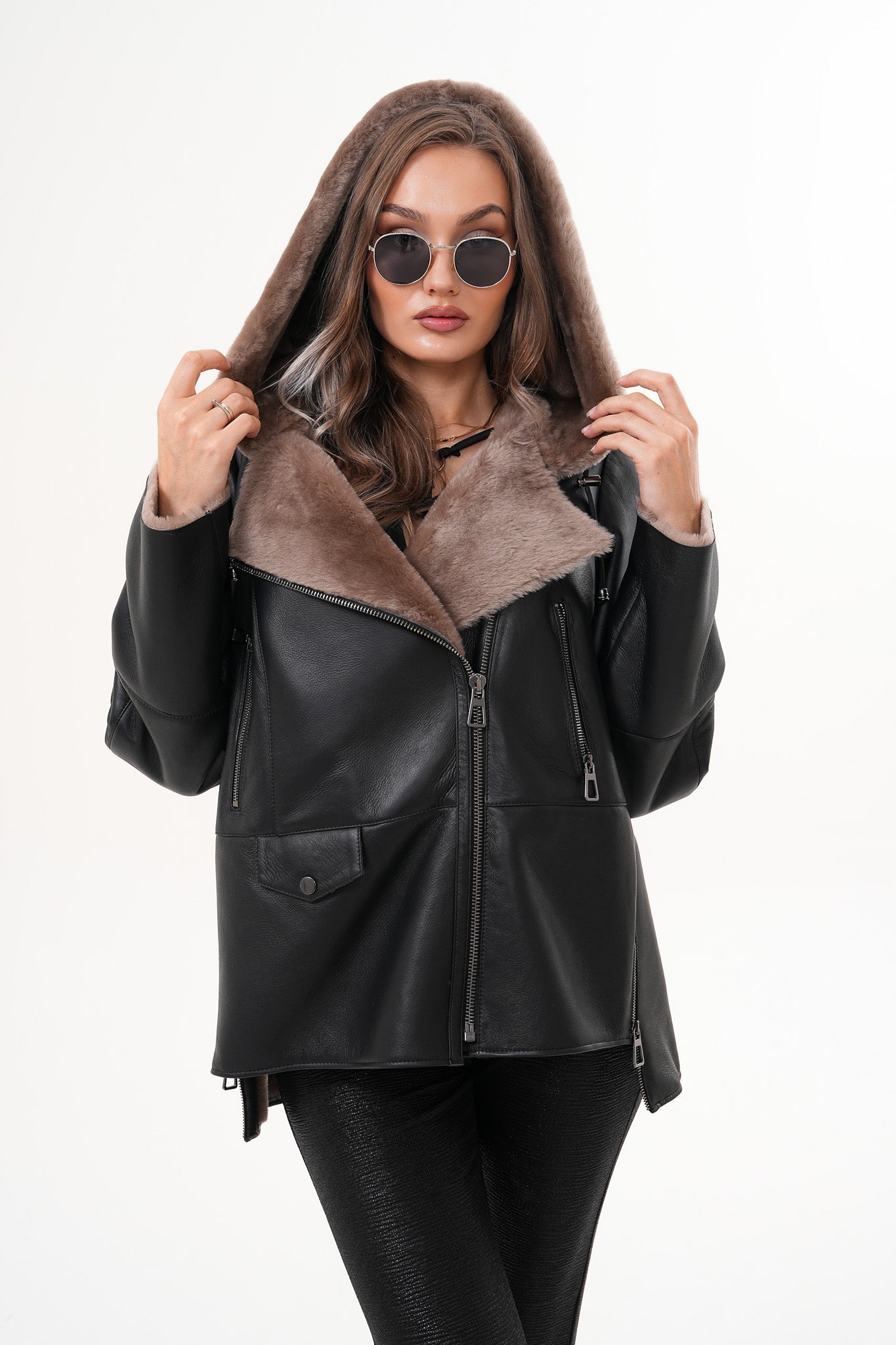 The Duchess Shearling Brown Leather Hooded Jacket