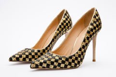 The Saks Tory Gold Black Handwoven Leather Pump Shoe