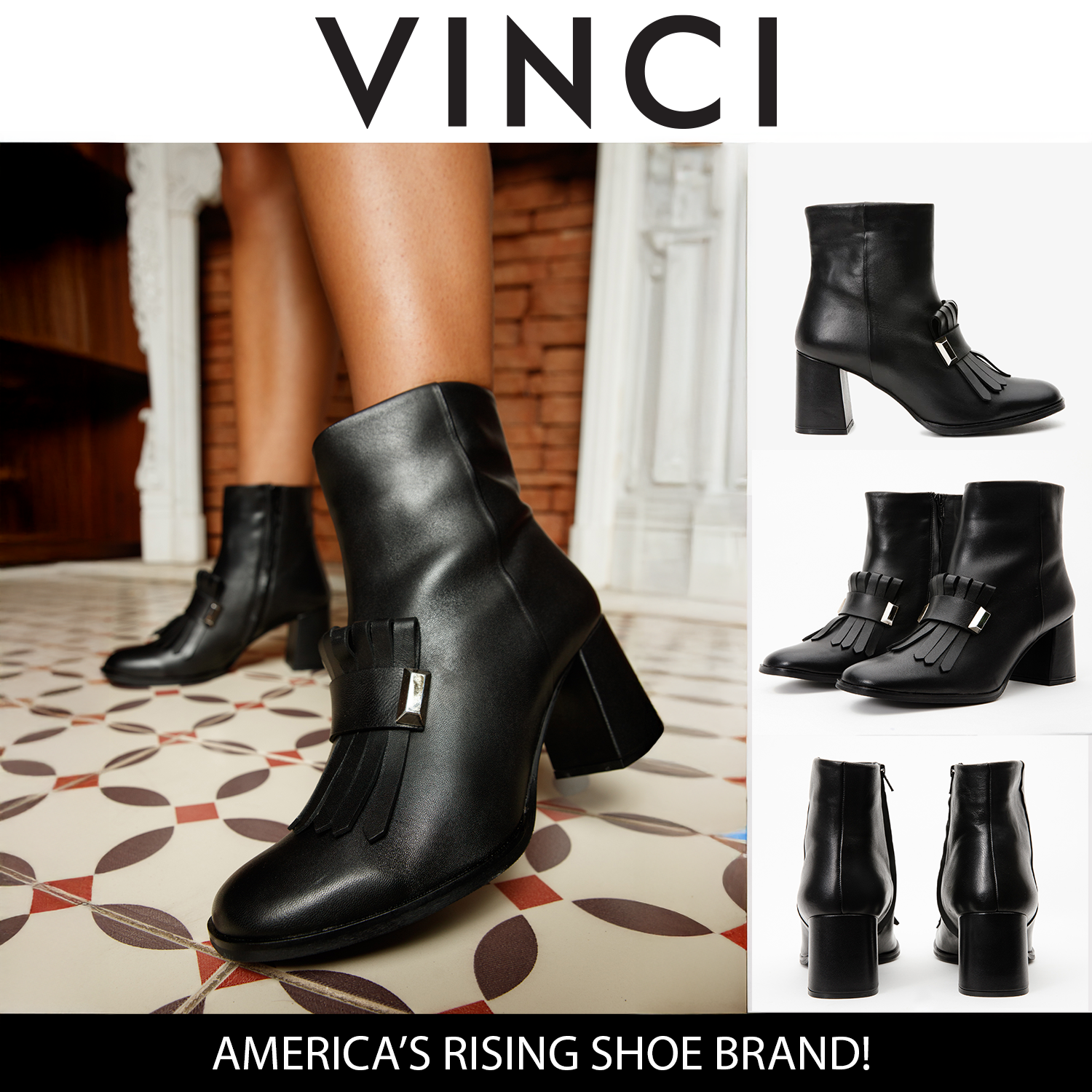 The Luksor Black Leather Block Heel Boot