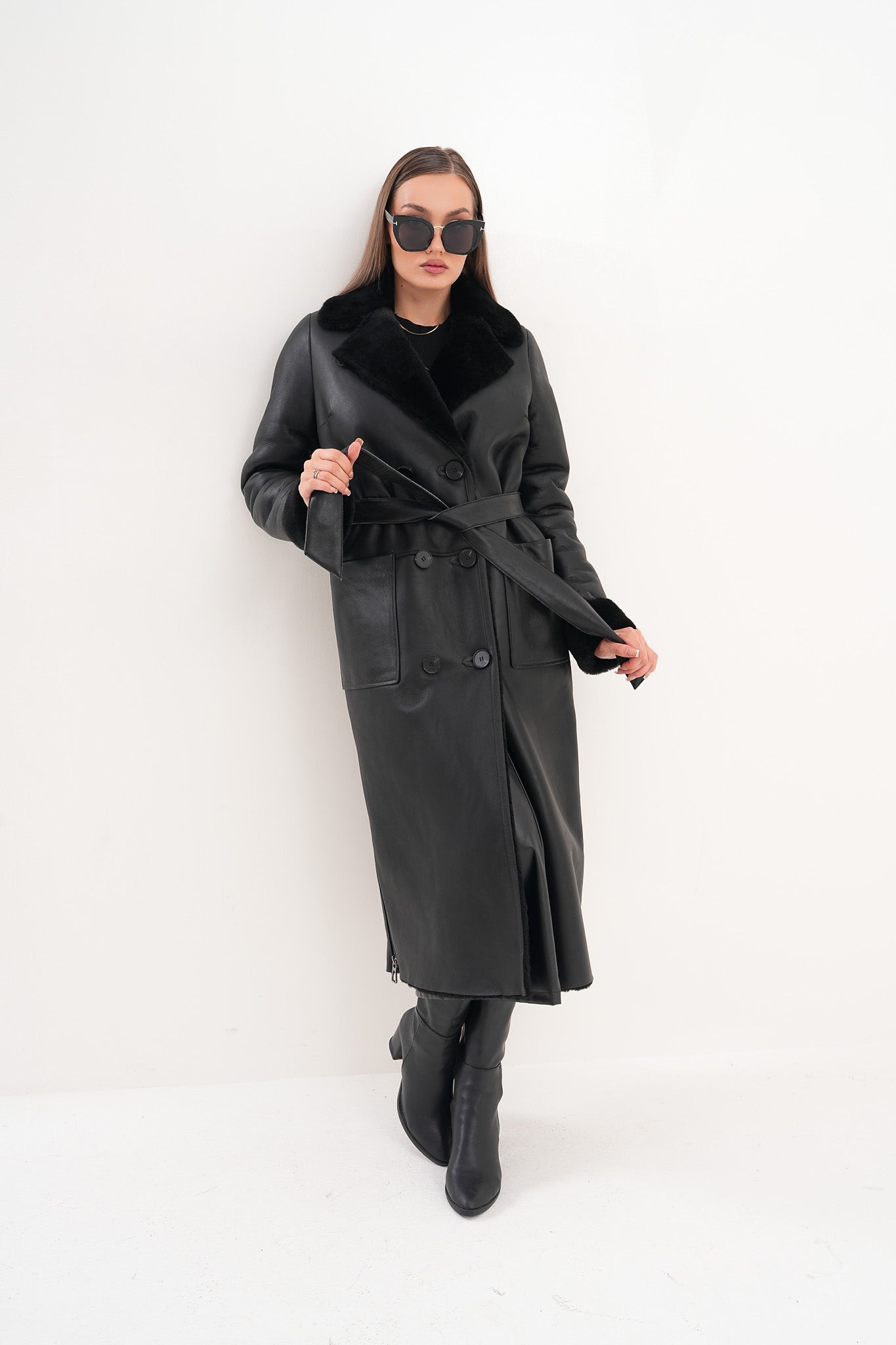 The Raven Long Shearling Black Leather Leather Jacket
