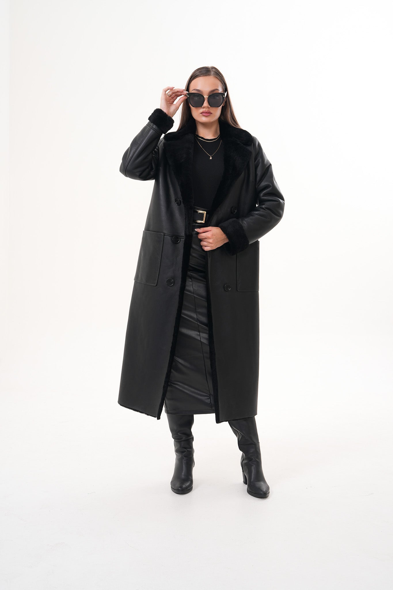 The Raven Long Shearling Black Leather Leather Jacket