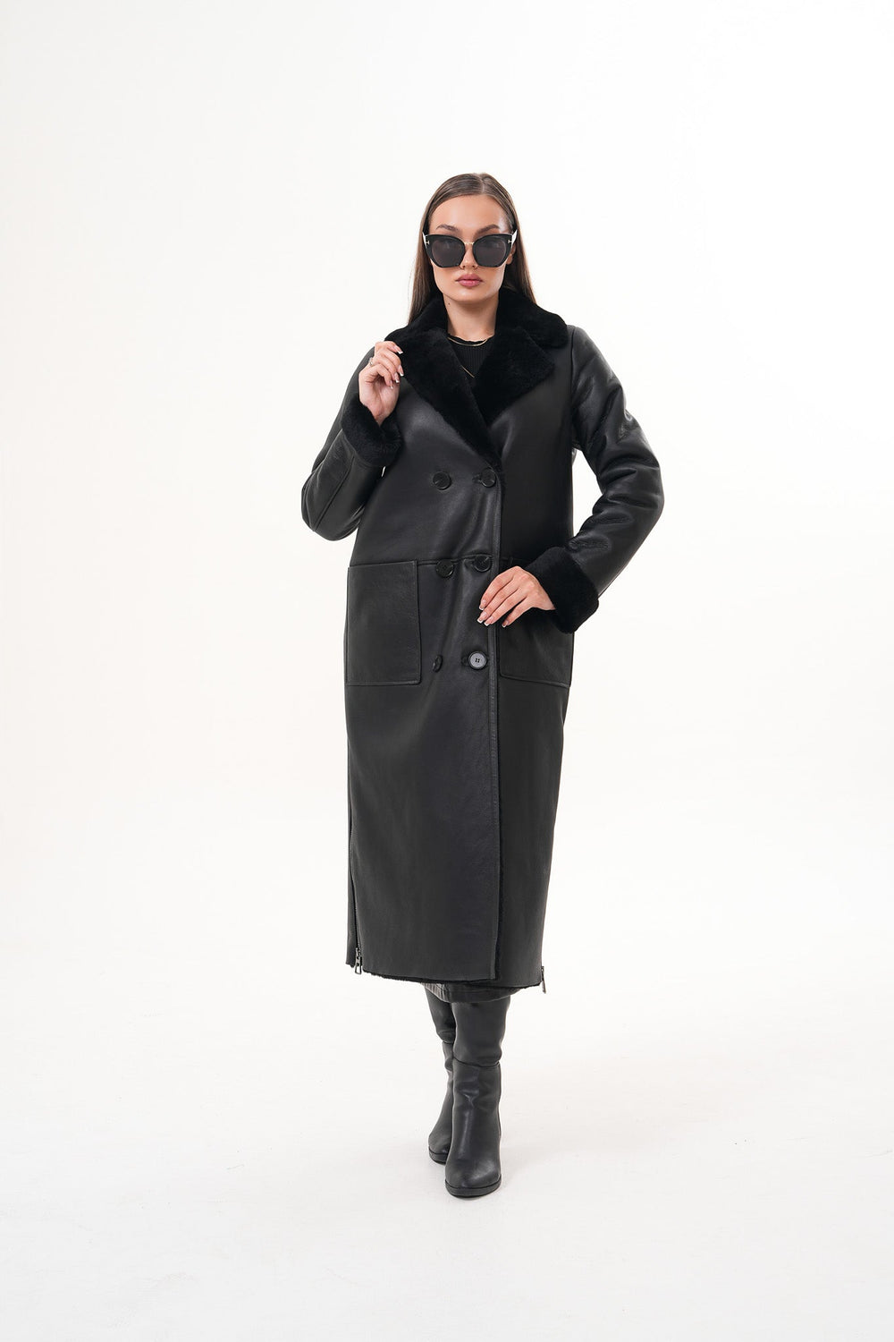 The Raven Long Shearling Black Leather Leather Jacket