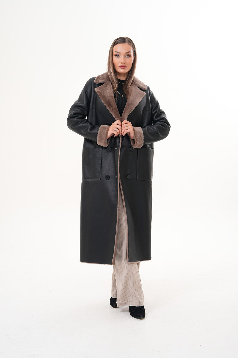 The Florence Long Shearling Black Leather Jacket