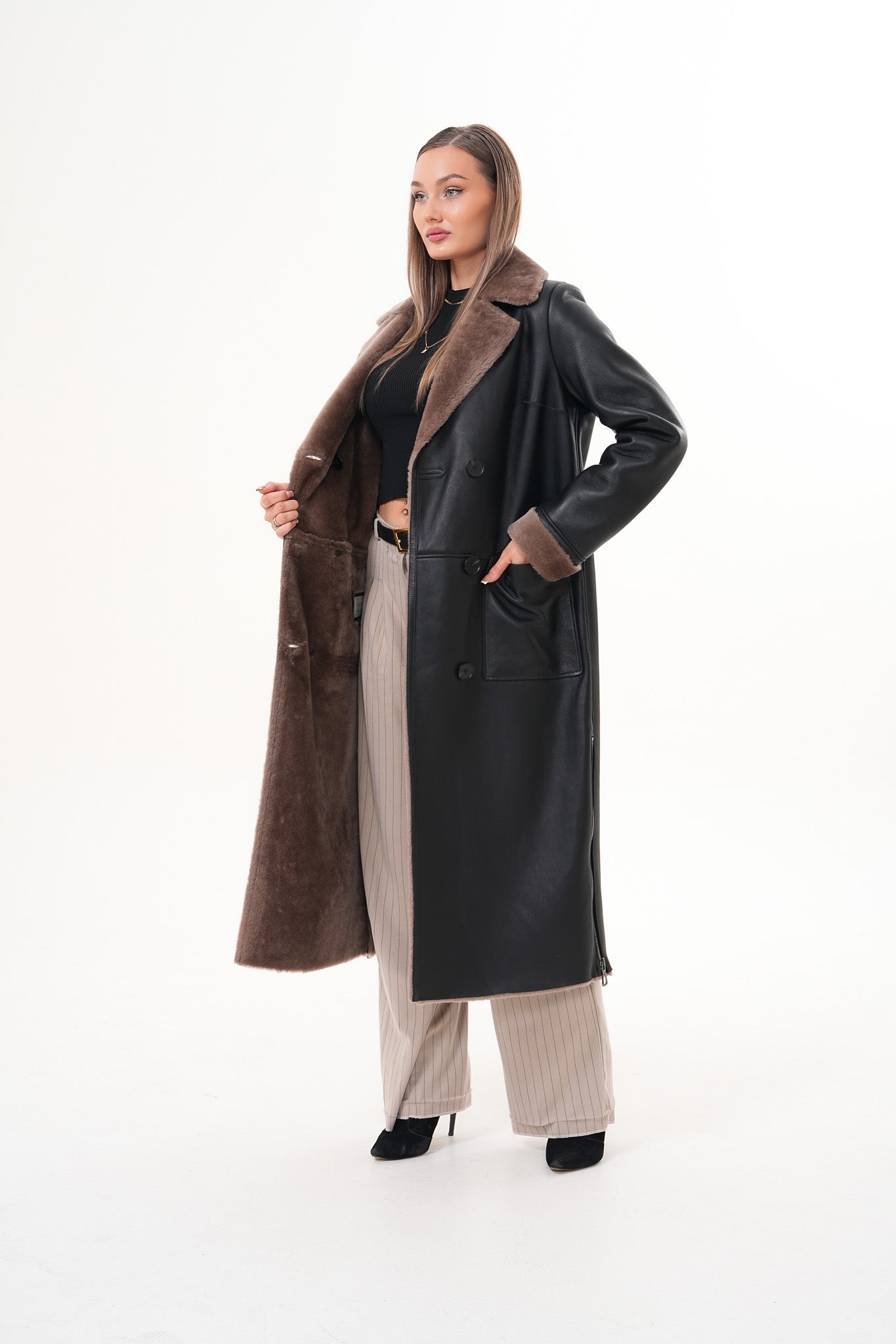 The Florence Long Shearling Black Leather Jacket