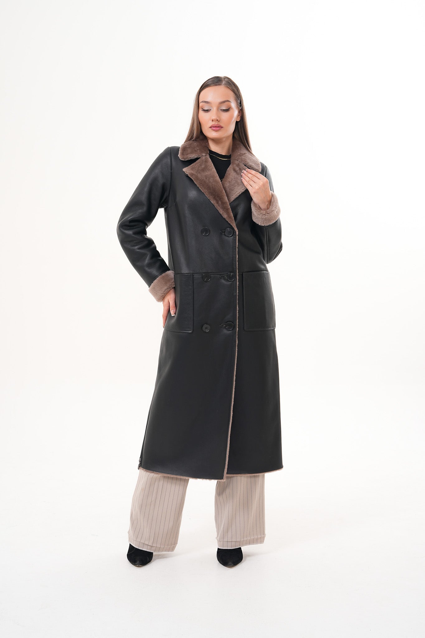 The Florence Long Shearling Black Leather Jacket