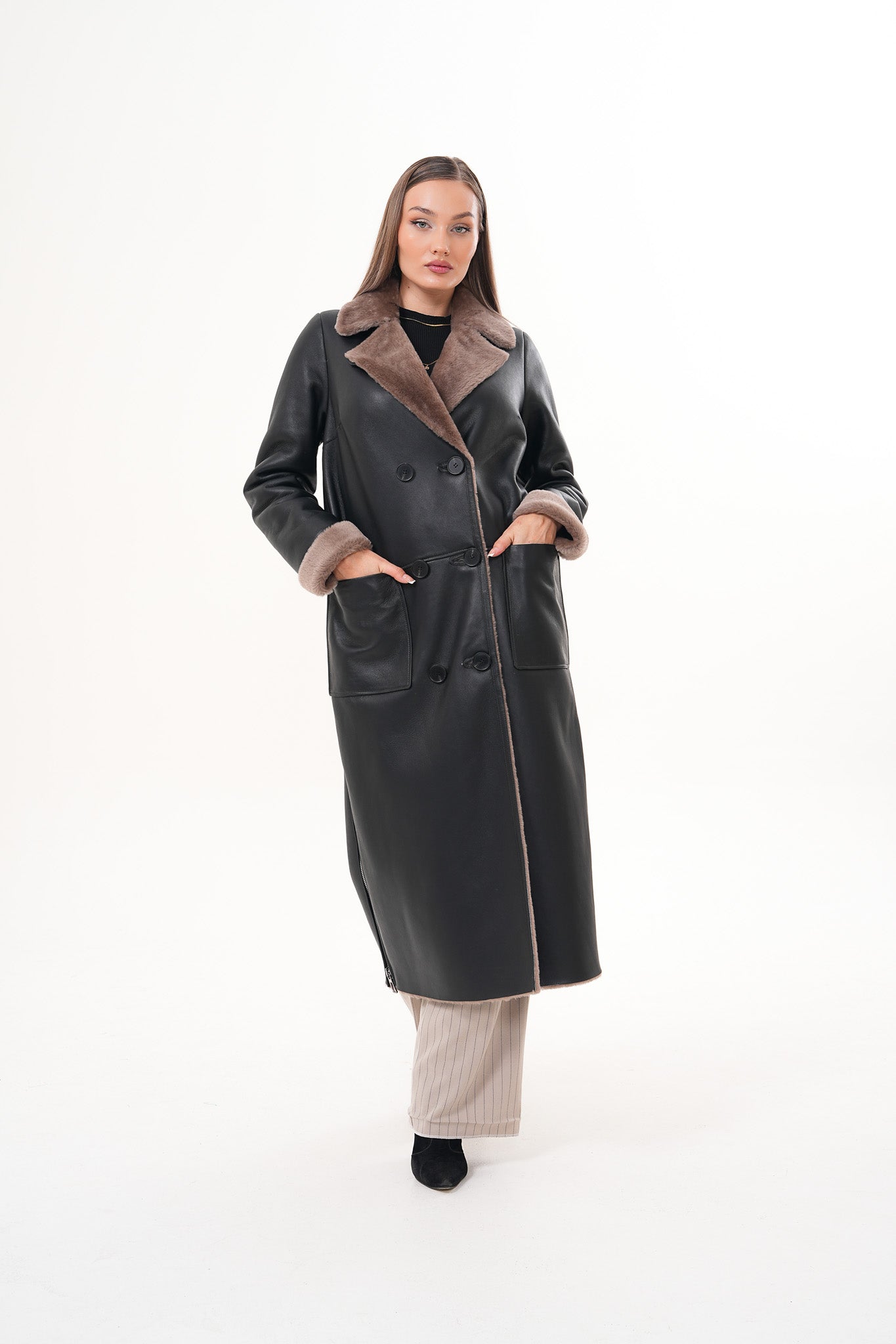 The Florence Long Shearling Black Leather Jacket