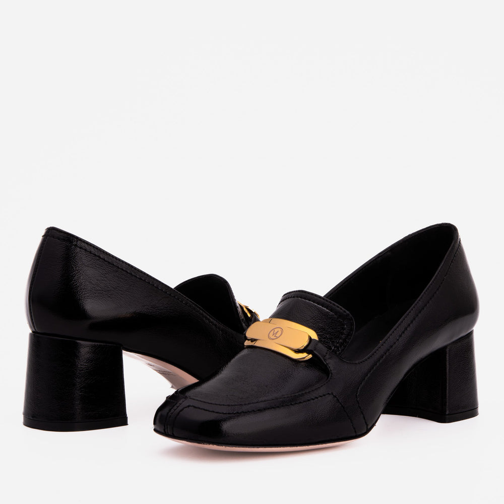 The Victoria Black Leather Block Heel Pump Shoe