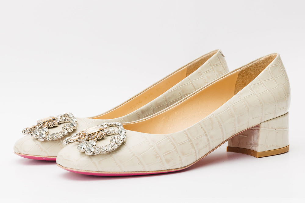 The Foggia Beige Leather Block Heel Pump Shoe