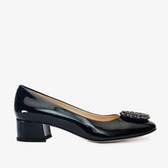 The Danish Black Patent Leather Block Heel Pump Shoe