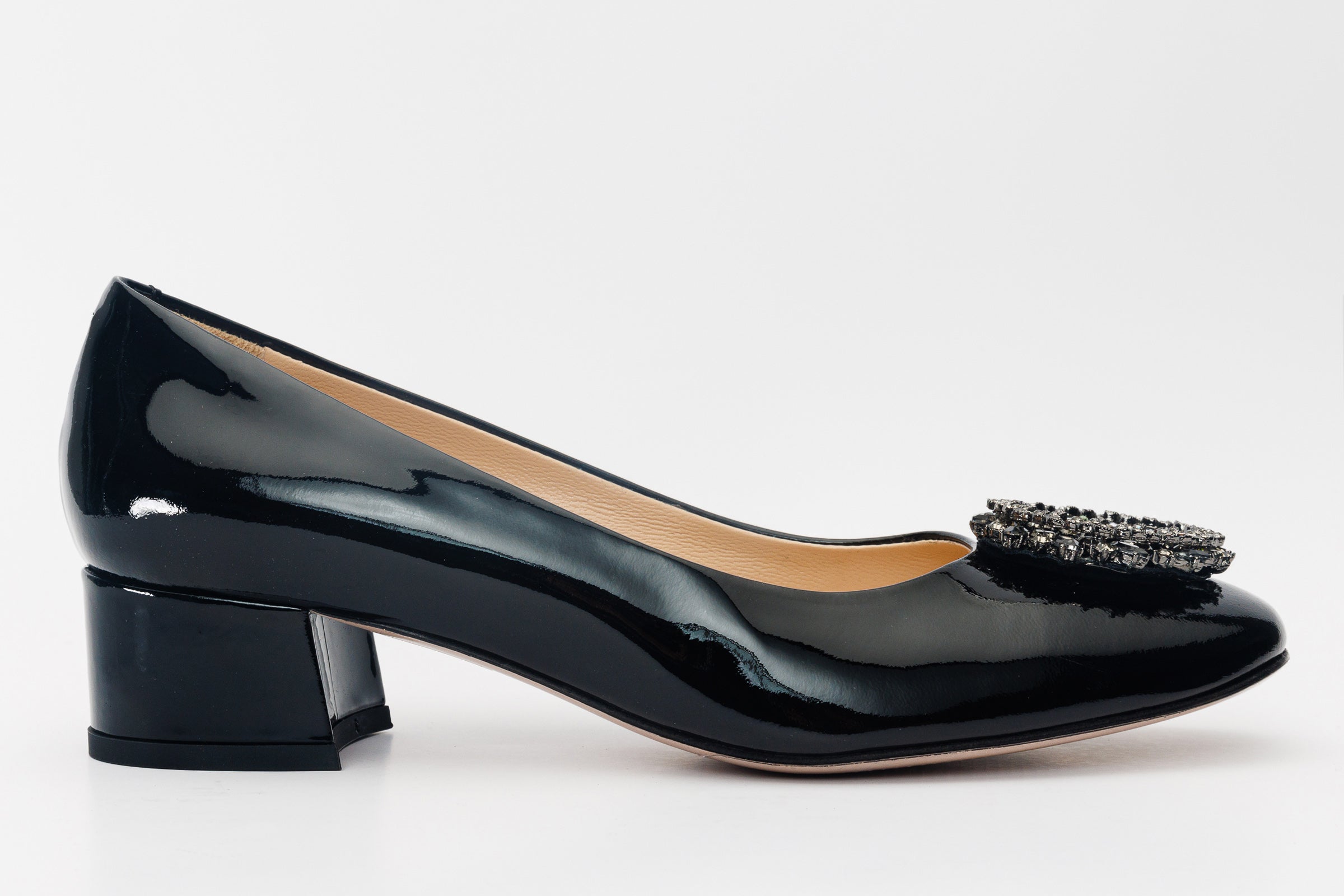 The Danish Black Patent Leather Block Heel Pump Shoe
