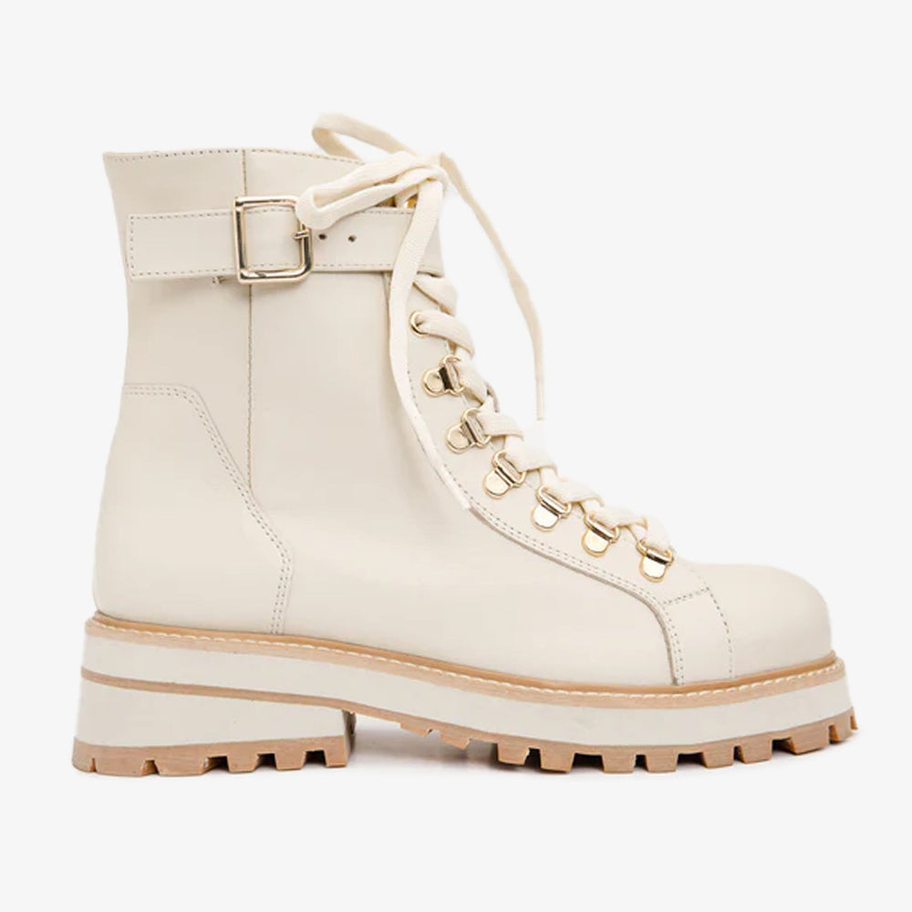 The Belgrano Cream Leather Lace-Up Ankle Boot With a Side Zipper