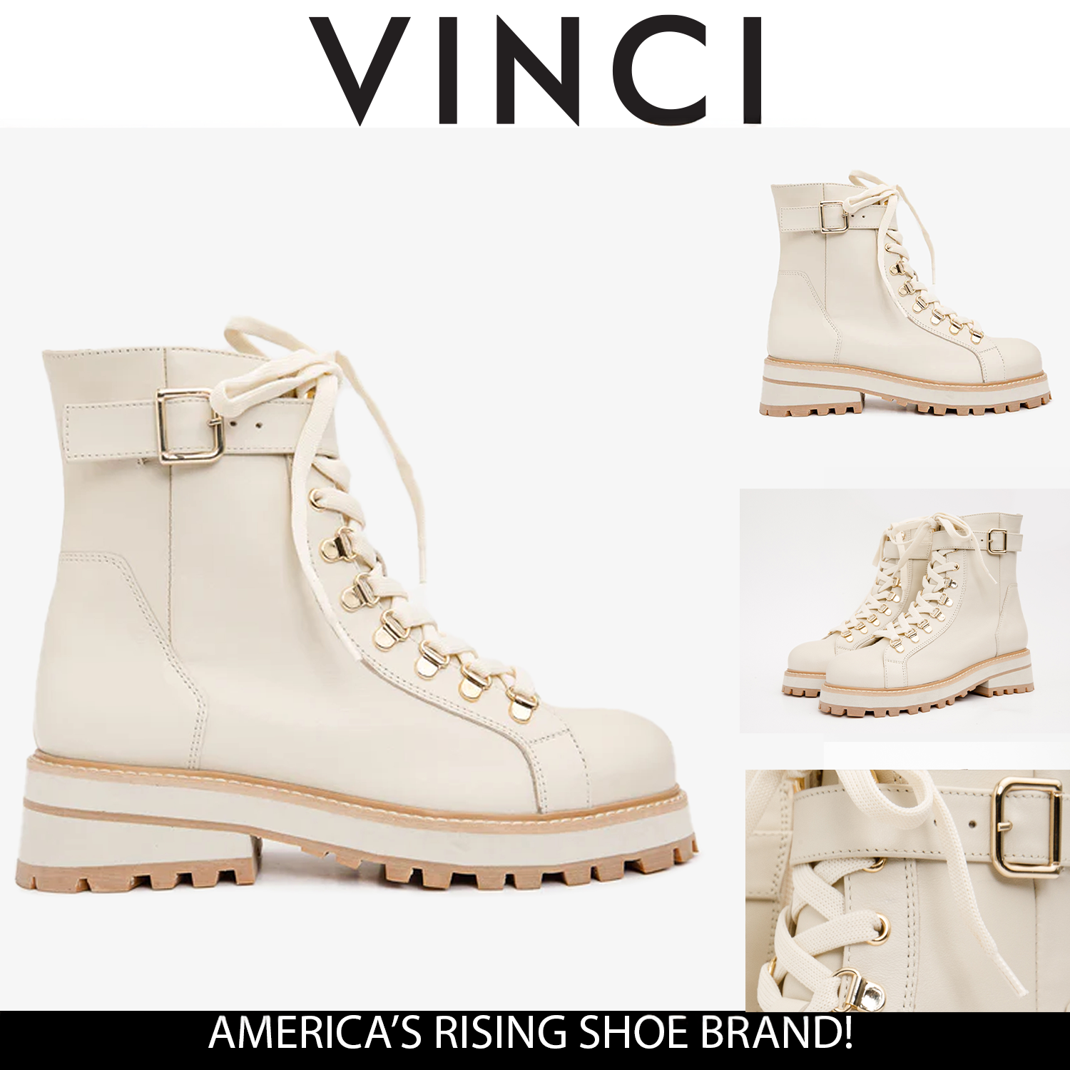 The Belgrano Cream Leather Lace-Up Ankle Boot With a Side Zipper