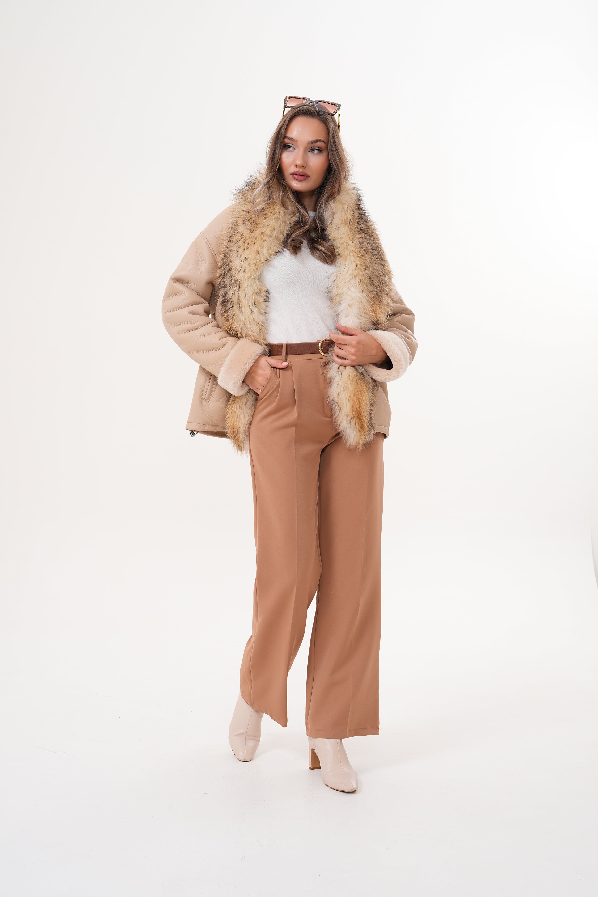 The Elise Beige Shearling Leather Jacket