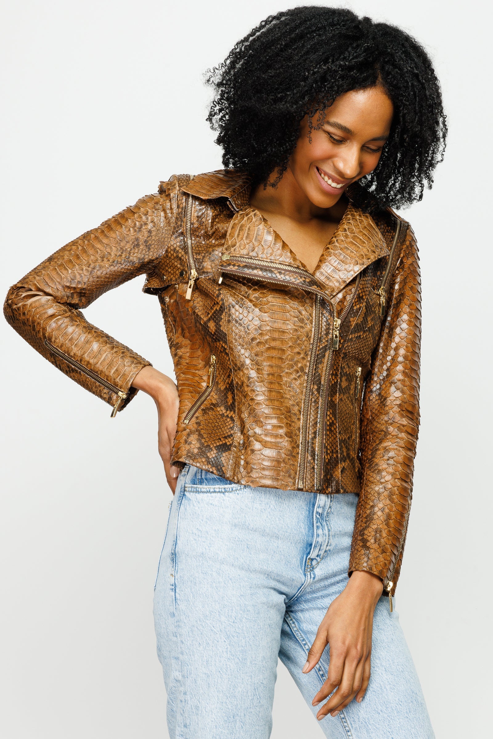The Queen Pythn Skin Tan Leather Jacket